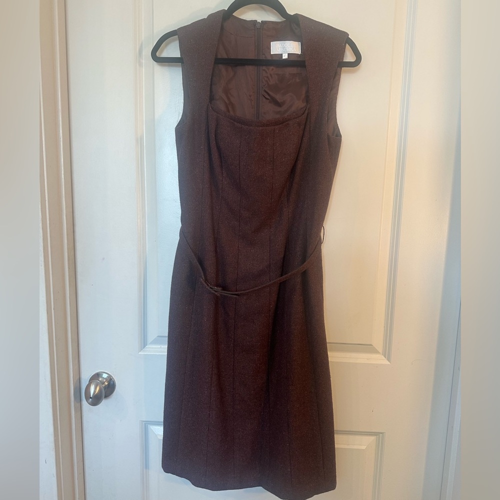 Badgley Mischka Brown Tweed Wool Blend Square Neck Belted Sheath Dress, Size 6